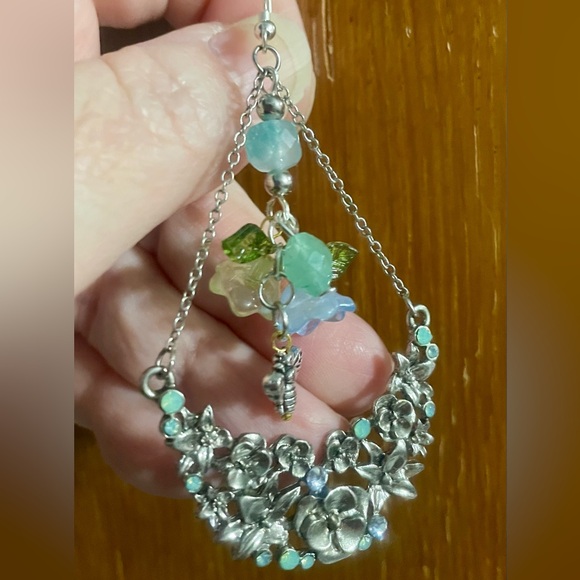 Vintage Upcycled Floral Silver Green and Blue Dangle Earrings - Picture 8 of 10